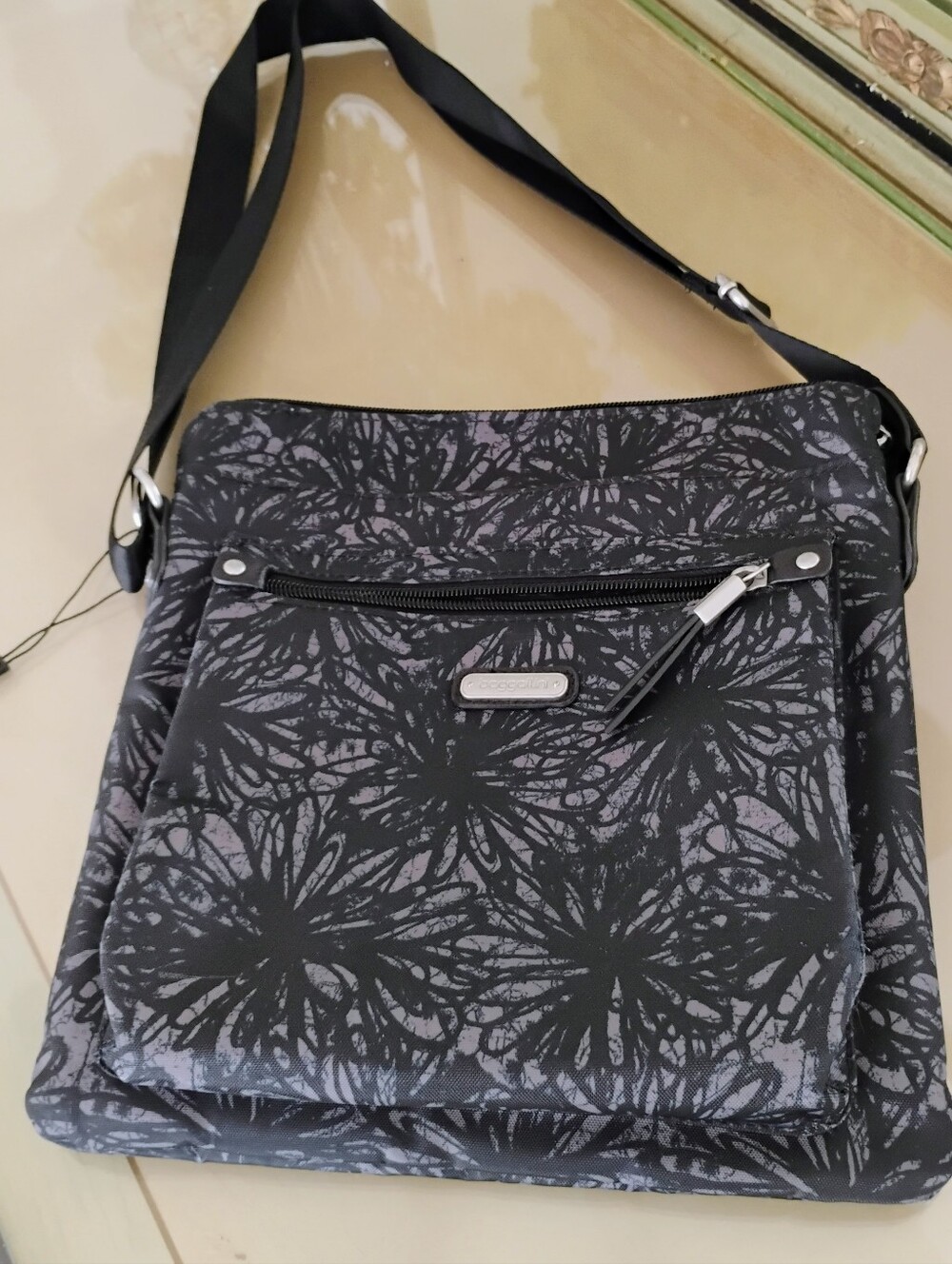 Baggalini Black Floral Travel Crossbody Bag
